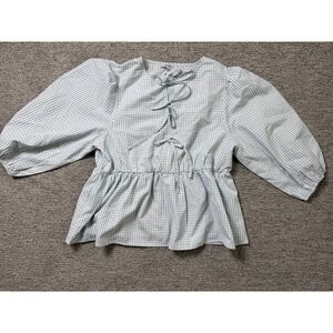 Polygram Blue Gingham Seersucker Peplum Tie Front Puff Sleeve Blouse Top
